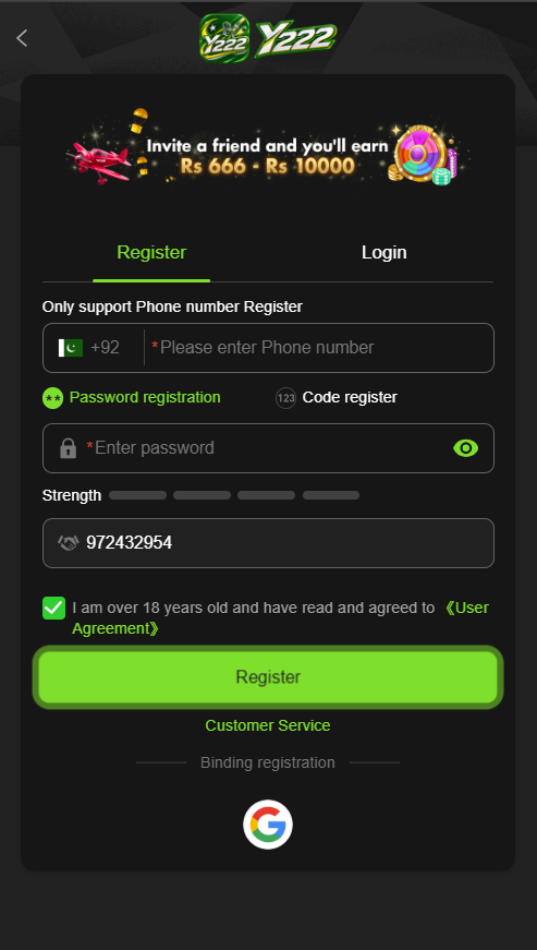 Y222 Game registration page for creating a new account