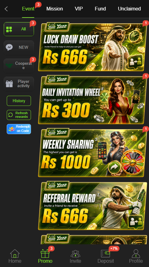 Y222 Game promotions page showing available bonuses and offers
