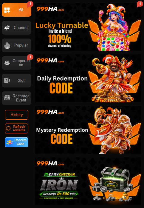 999HA Game promotions page showing available offers and rewards