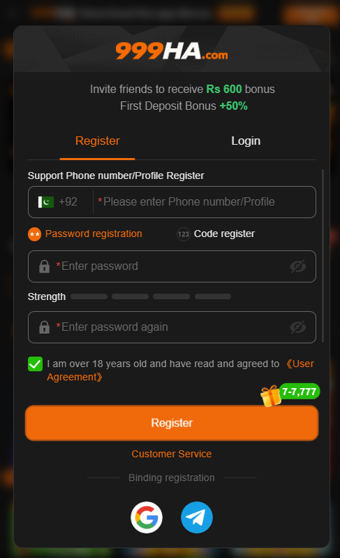 999HA Game registration page for creating a new account