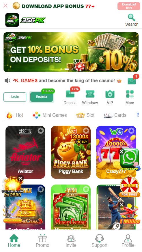 356PK Game dashboard showing games categories and account options