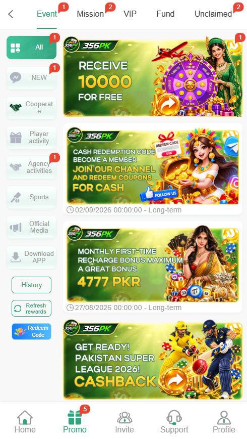 356PK Game promotions screen showing events missions VIP and rewards