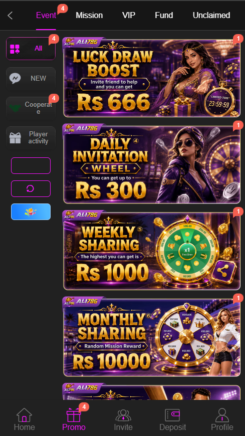 ALI786 Game promotions screen showing event, VIP and invitation rewards