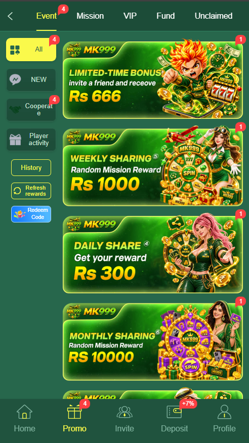 MK999 Game promotion page showing events, missions and reward offers