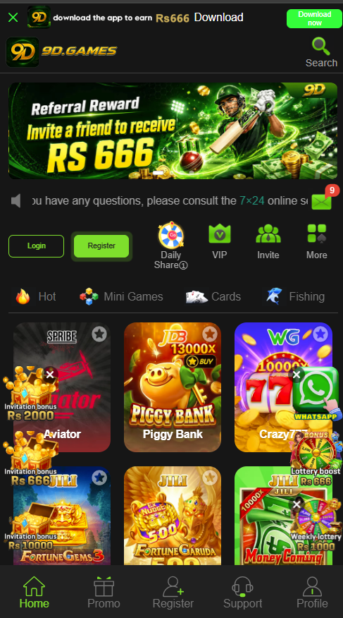 9D Games dashboard showing game categories and mobile interface
