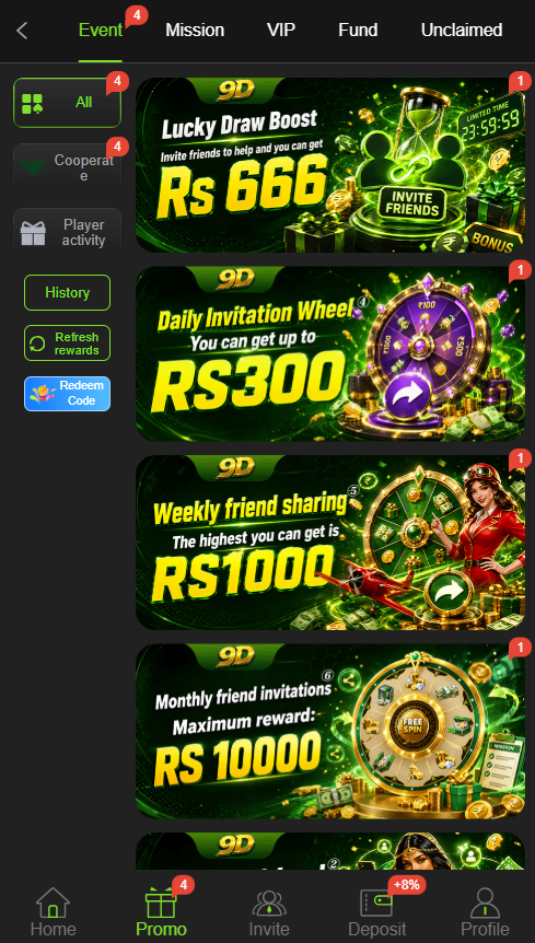 9D Games promotions screen showing events and reward offers