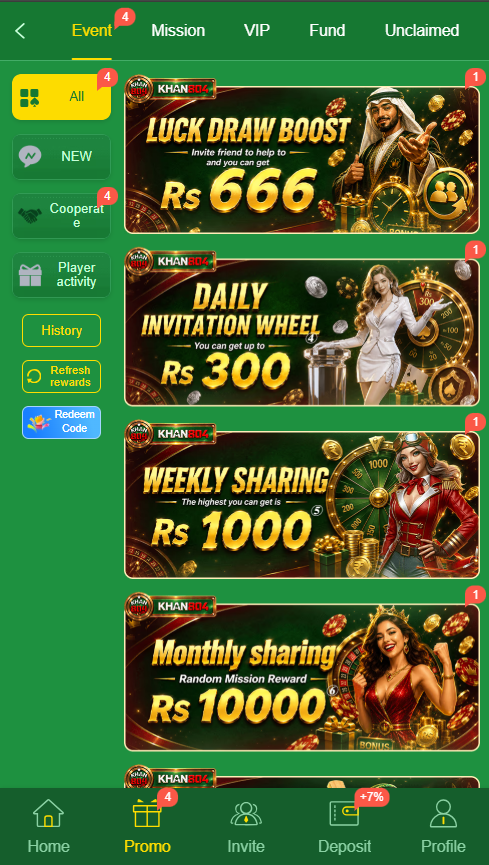KHAN804 Game promotions page showing events, missions, VIP offers and reward banners