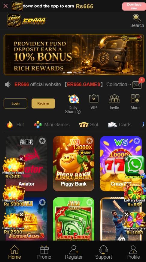 ER666 Game homepage showing featured games, categories and mobile navigation