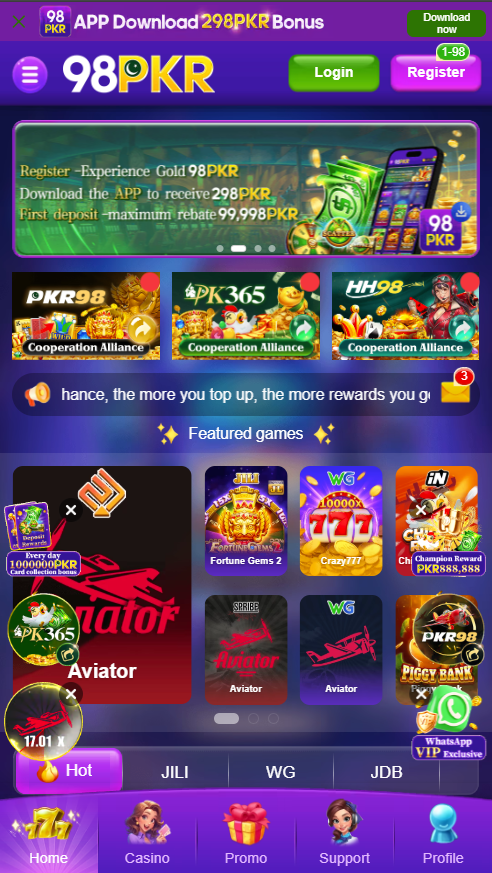 98PKR Game homepage showing featured games, categories and mobile navigation