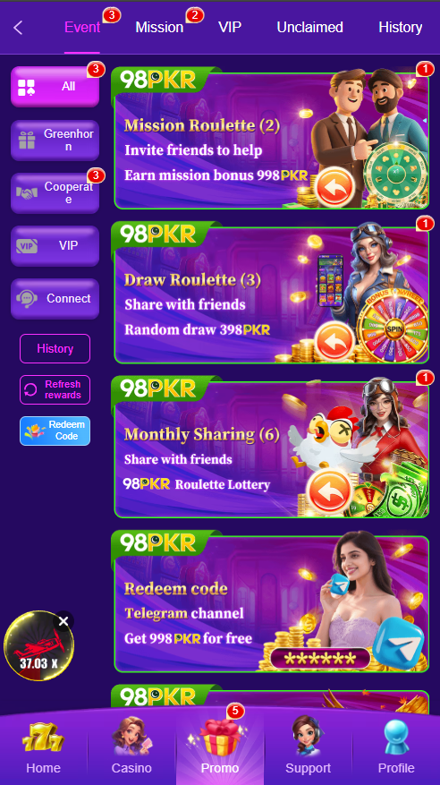 98PKR Game promotions page showing events, missions, VIP offers and reward options