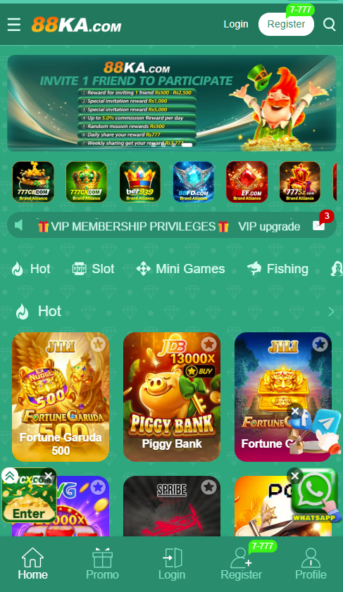 88KA Game homepage showing game categories, featured games and mobile navigation