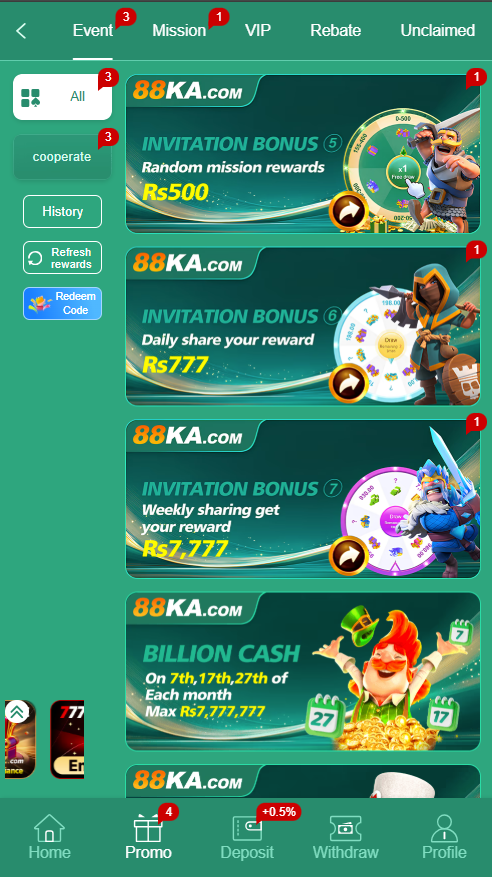 88KA Game promotions page showing events, missions, VIP, rebate and reward campaigns