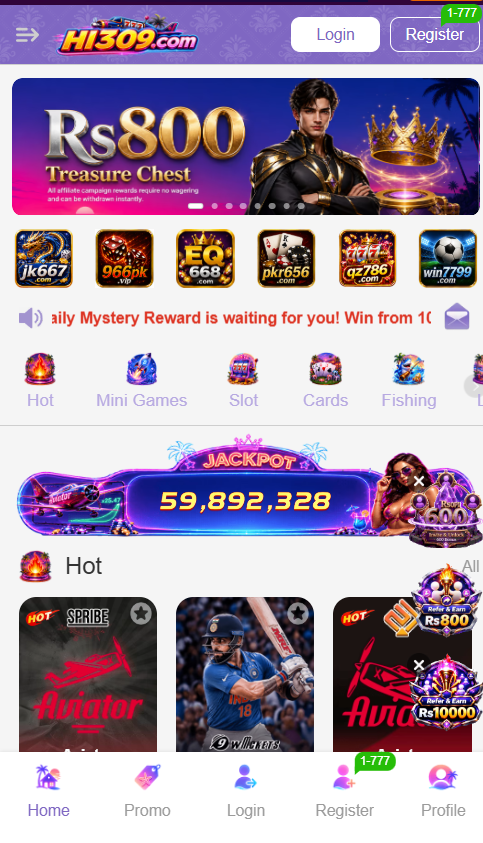 HI309 Game homepage showing colorful game categories, featured games and navigation