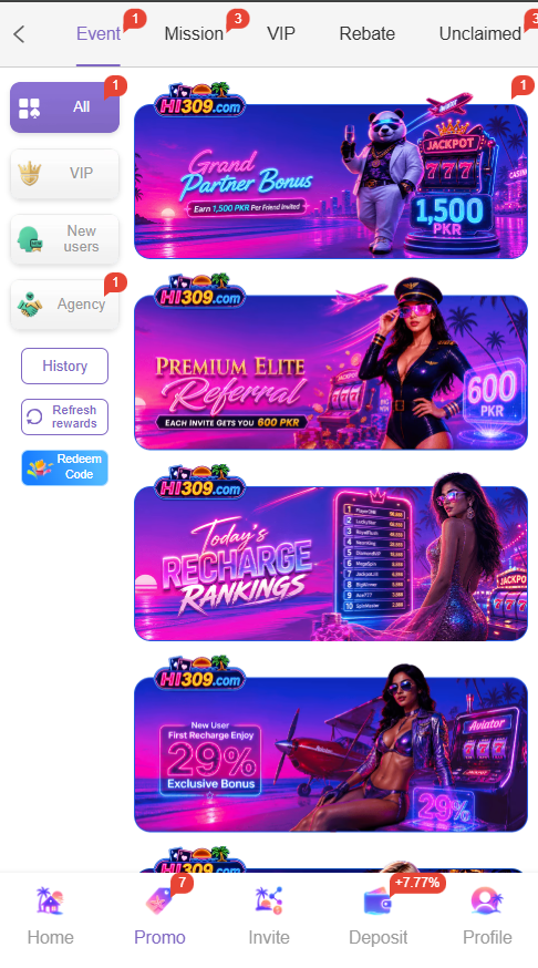 HI309 Game promotions page showing events, missions, VIP, rebate and reward offers