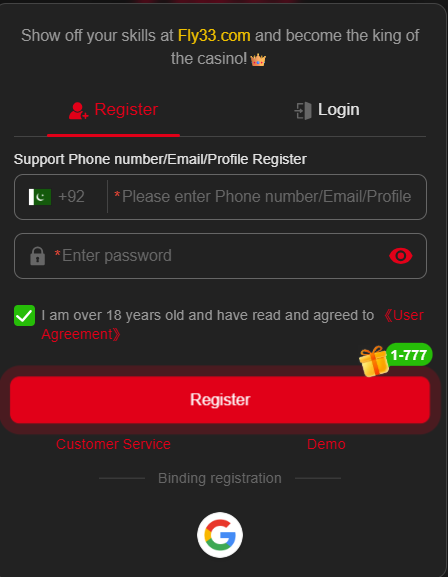 FLY33 Game registration page showing phone number, password and account options