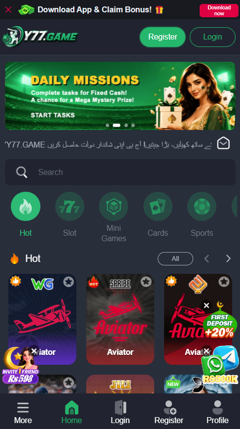 Y77 Game homepage showing featured games, categories and mobile navigation