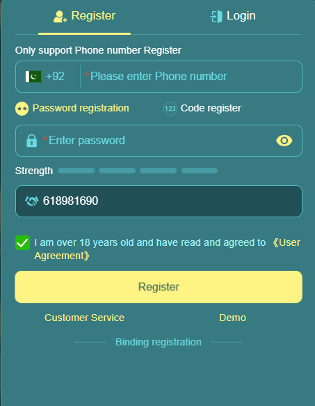MJ77 Game registration screen with phone number, password and account options