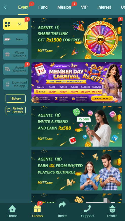 MJ77 Game promotions page showing rewards, missions and promotional offers