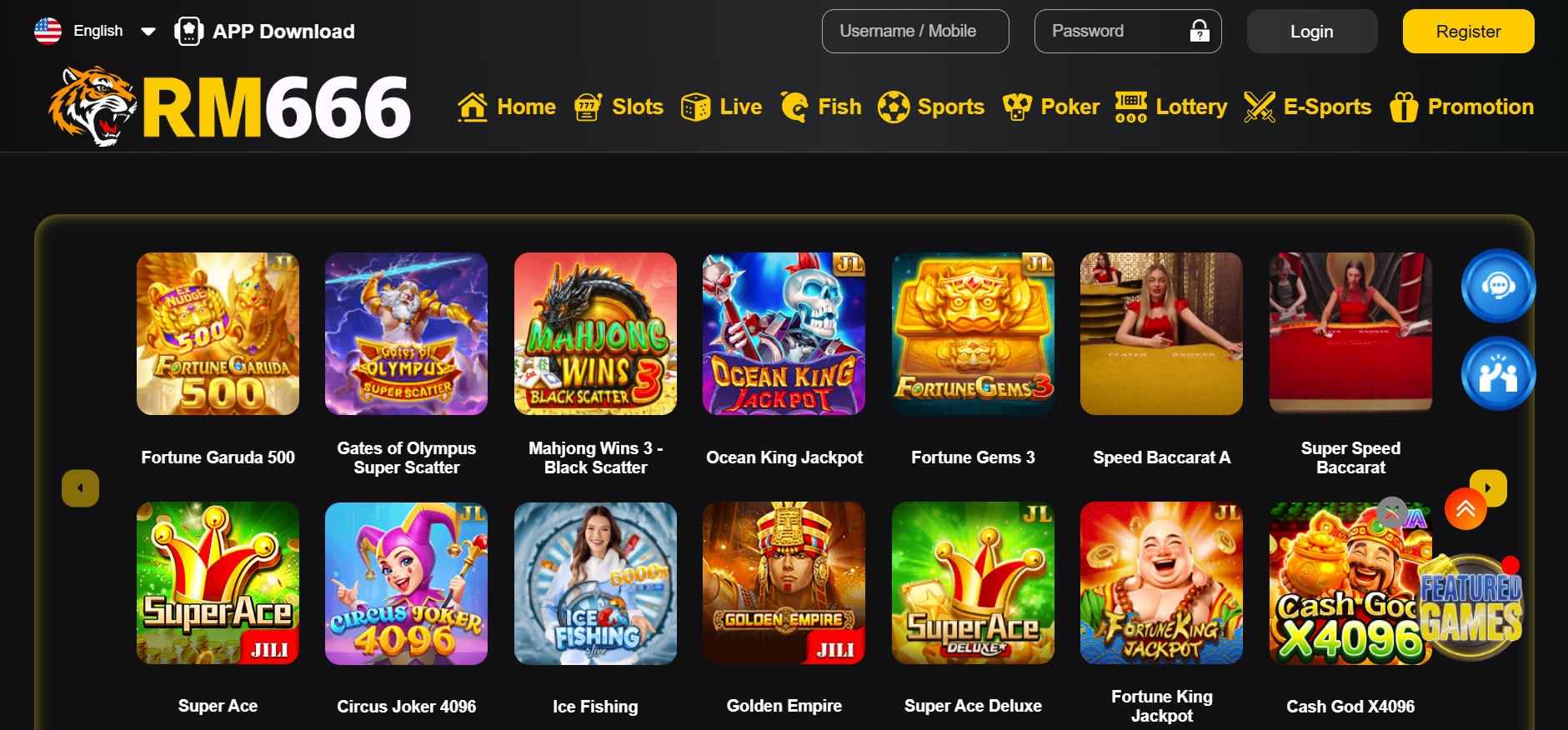 RM666 Game homepage showing slots, live games, sports and navigation