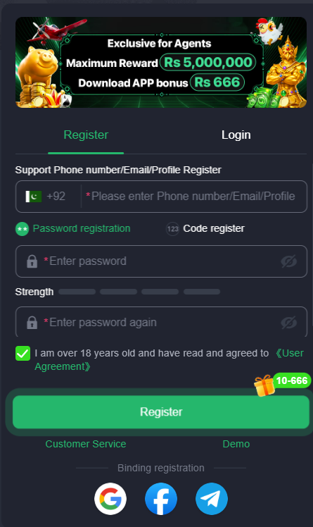 PKR365 Game registration page showing phone, password and account fields