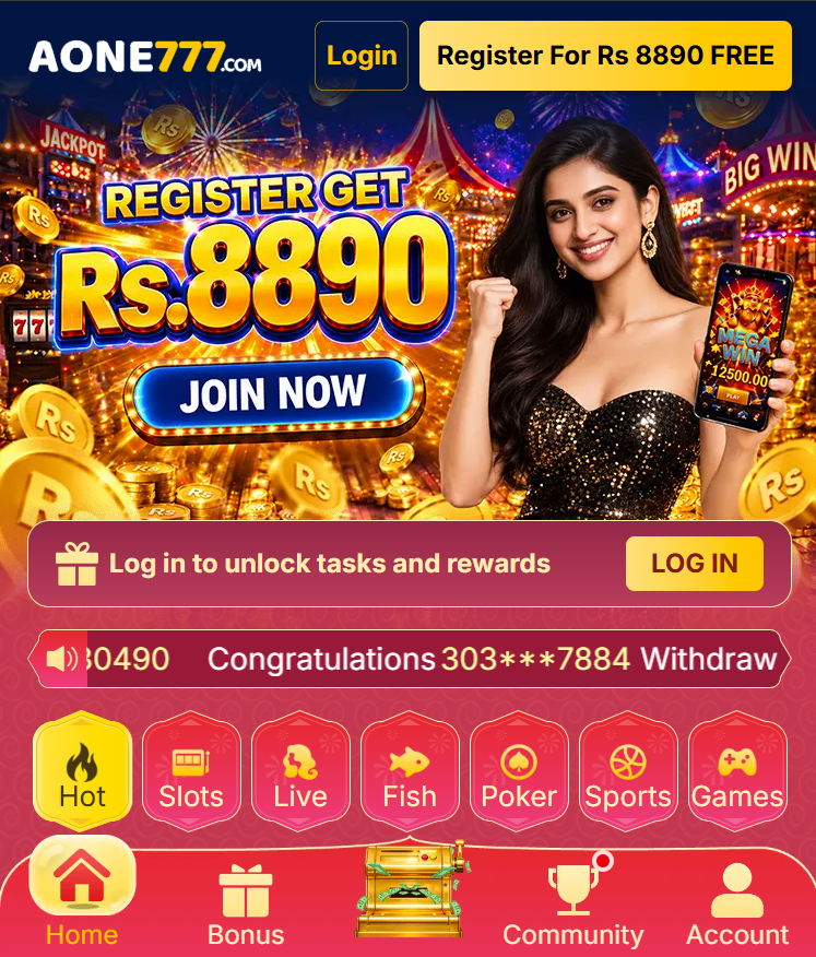 AONE777 Game homepage showing Hot, Slots, Live, Fish, Poker, Sports and Games categories