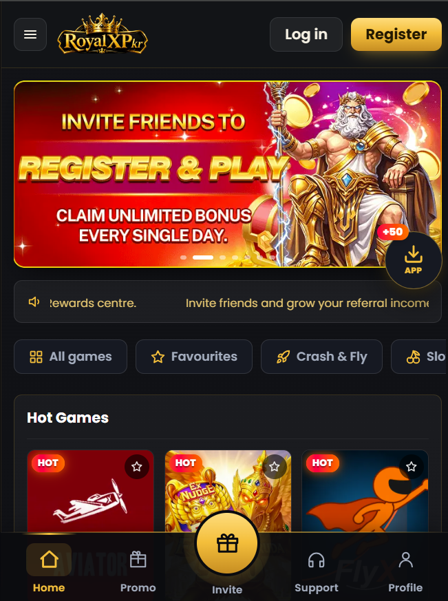 RoyalXPKR Game mobile interface showing gaming and account options