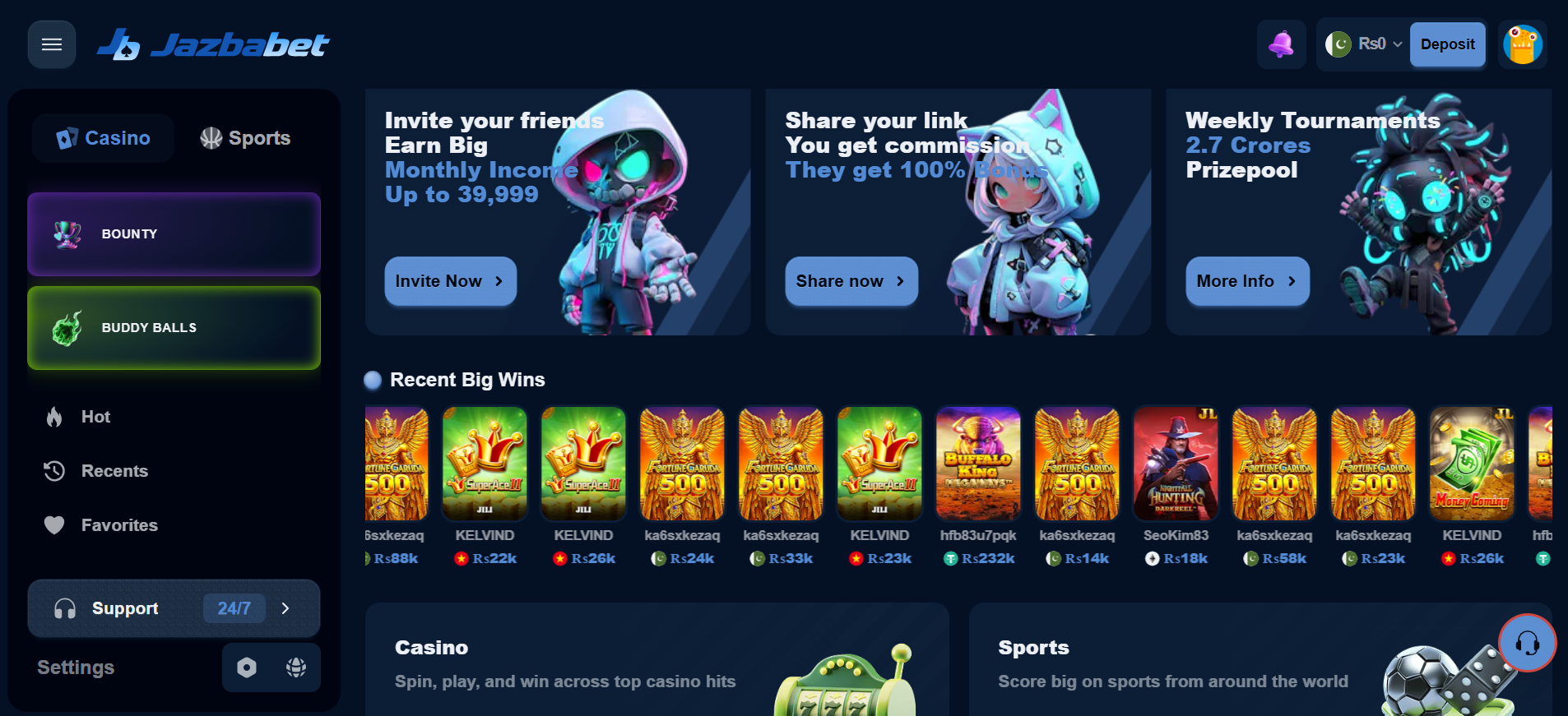 JAZBABET Game homepage showing casino, sports, promotions and recent activity
