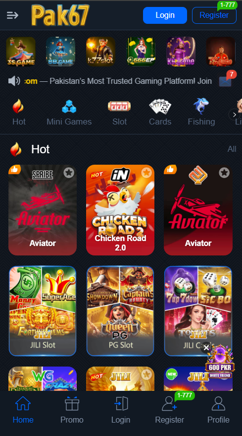 PAK67 Game homepage showing Hot games, Mini Games, Slots, Cards and Fishing