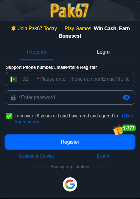 PAK67 Game registration screen showing contact, password and age confirmation fields
