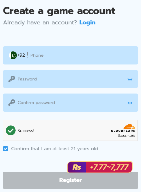 D97 Game registration screen showing phone, password and age confirmation fields