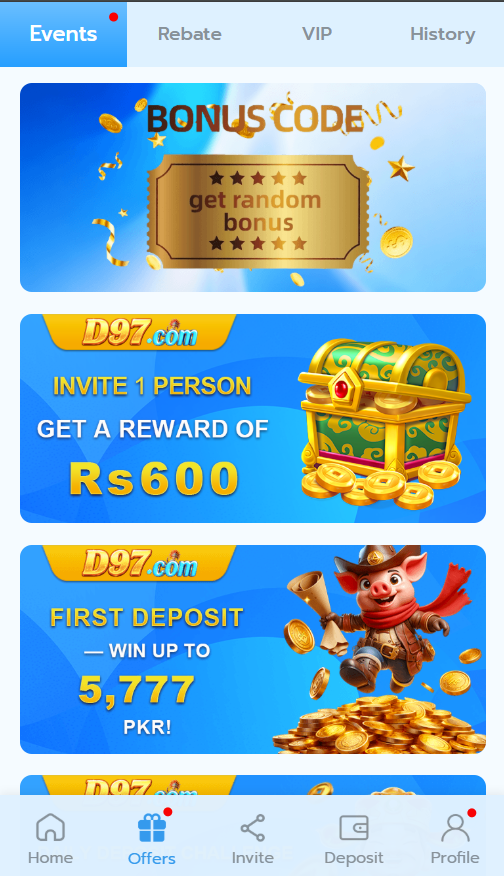 D97 Game offers page showing Events, Rebate, VIP and promotional banners