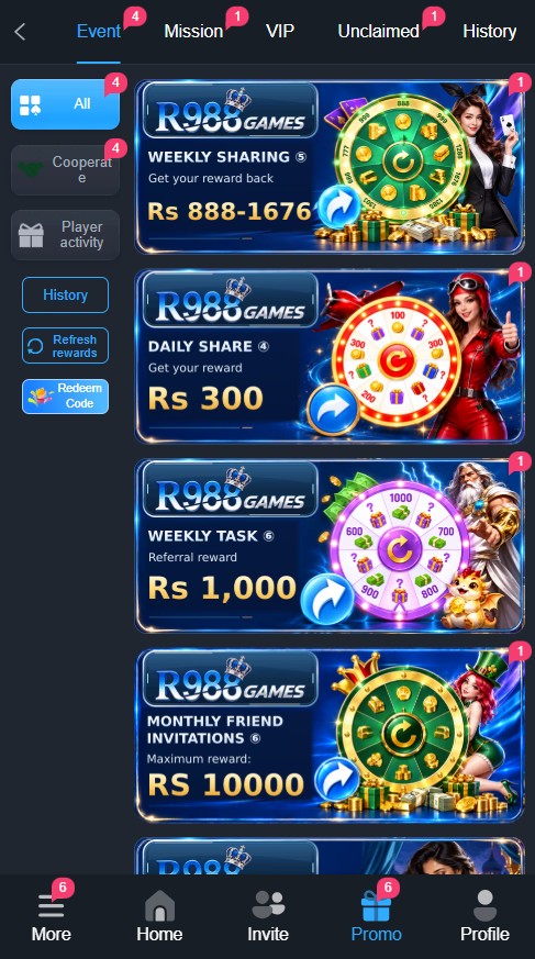 R988 Game promotions page showing Events, Missions, VIP and sharing offers