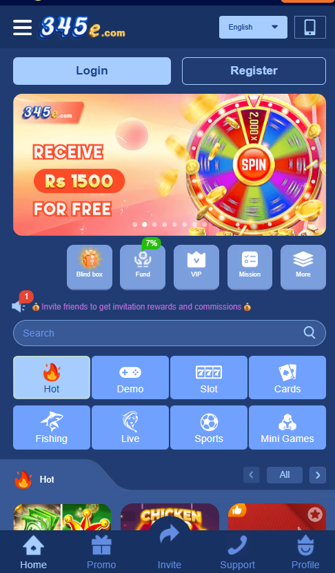 345e Game homepage showing Hot, Demo, Slot, Cards, Fishing, Live, Sports and Mini Games