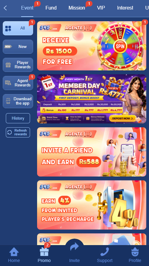 345e Game promotions page showing events, rewards, missions and VIP sections