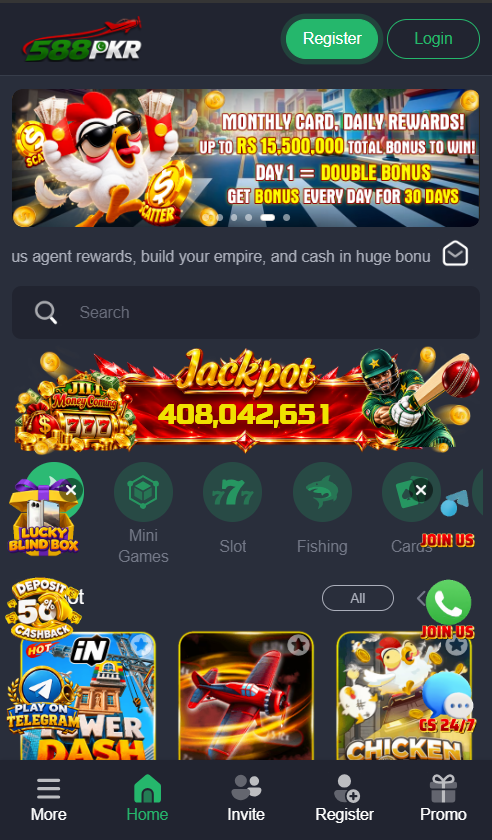 588PKR Game homepage showing Hot games, Mini Games, Slot, Fishing and Cards categories