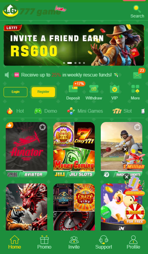 LG777 Game homepage showing Hot, Demo, Mini Games and Slot categories