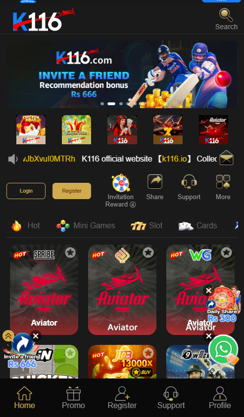 K116 Game homepage showing Hot, Mini Games, Slot and Cards categories
