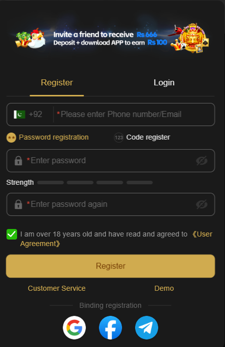 K116 Game registration screen showing phone or email, password and account fields